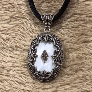 JUDITH JACK Silk Necklace & Marcasite Embellished Silver Mother of Pearl Pendant